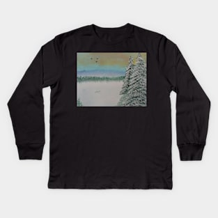 A winter landscape scene with pines Kids Long Sleeve T-Shirt